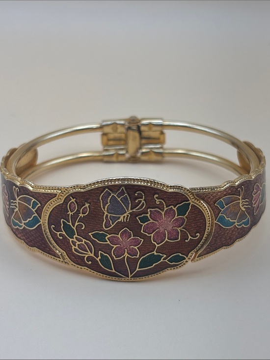 Vintage Jewelry - Gold-Tone Floral Cloisonné Hinged Bracelet in‎ Brown Pink and Green